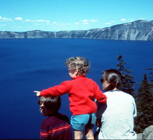 1973 Jul Crater Lake Scott Sherry and Elouise at the Lodge looking out