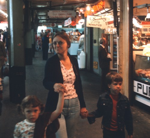 1975 Elouise with Sherry and Scott shopping ND